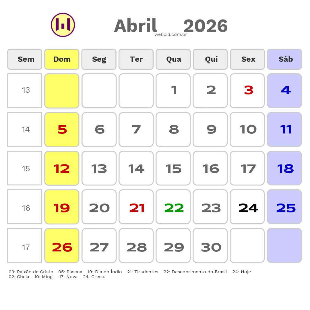 Calendário 2026 - Abril - Itajaí-SC com feriados e fases da lua