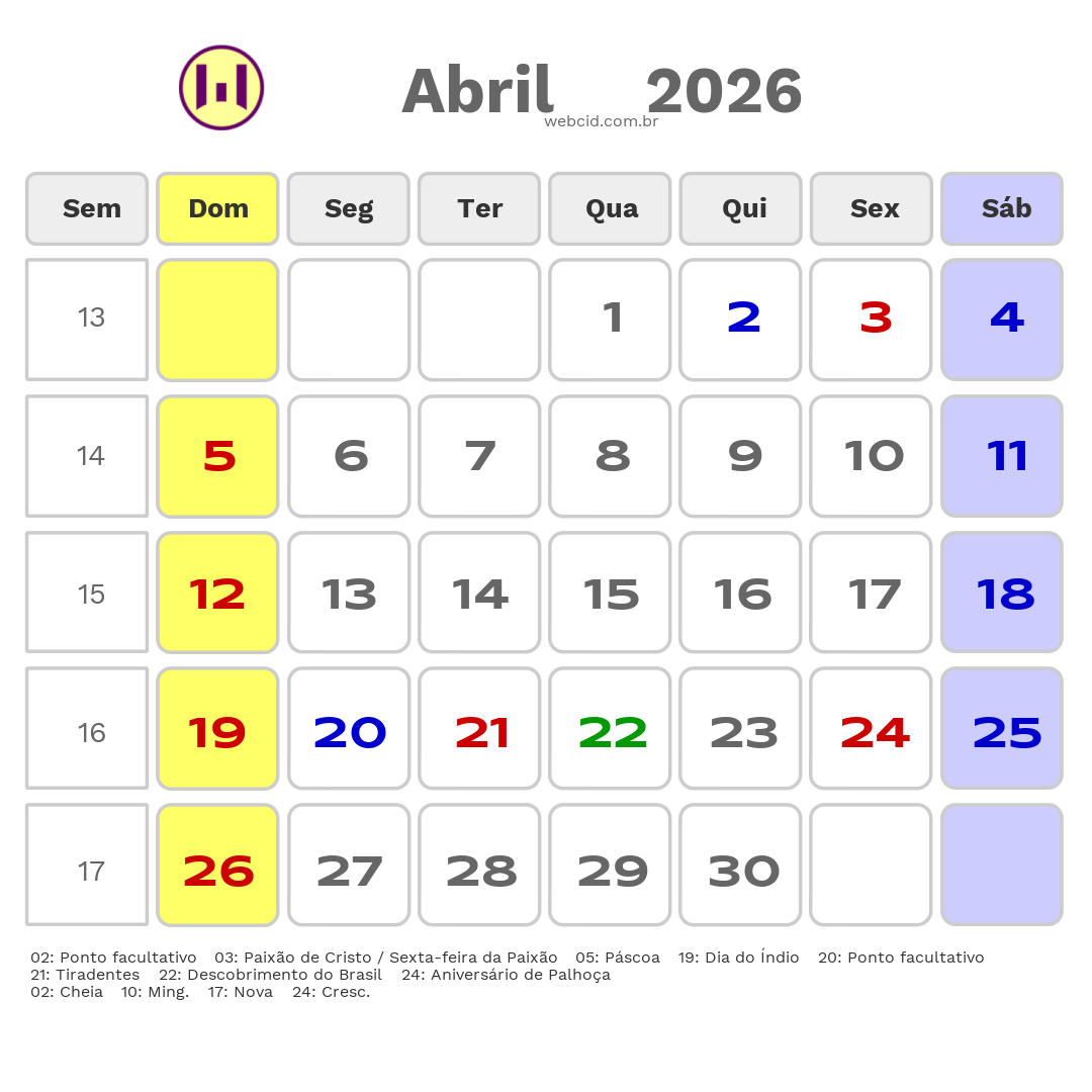 Calendário 2026 - Abril - Palhoça-SC com feriados e fases da lua
