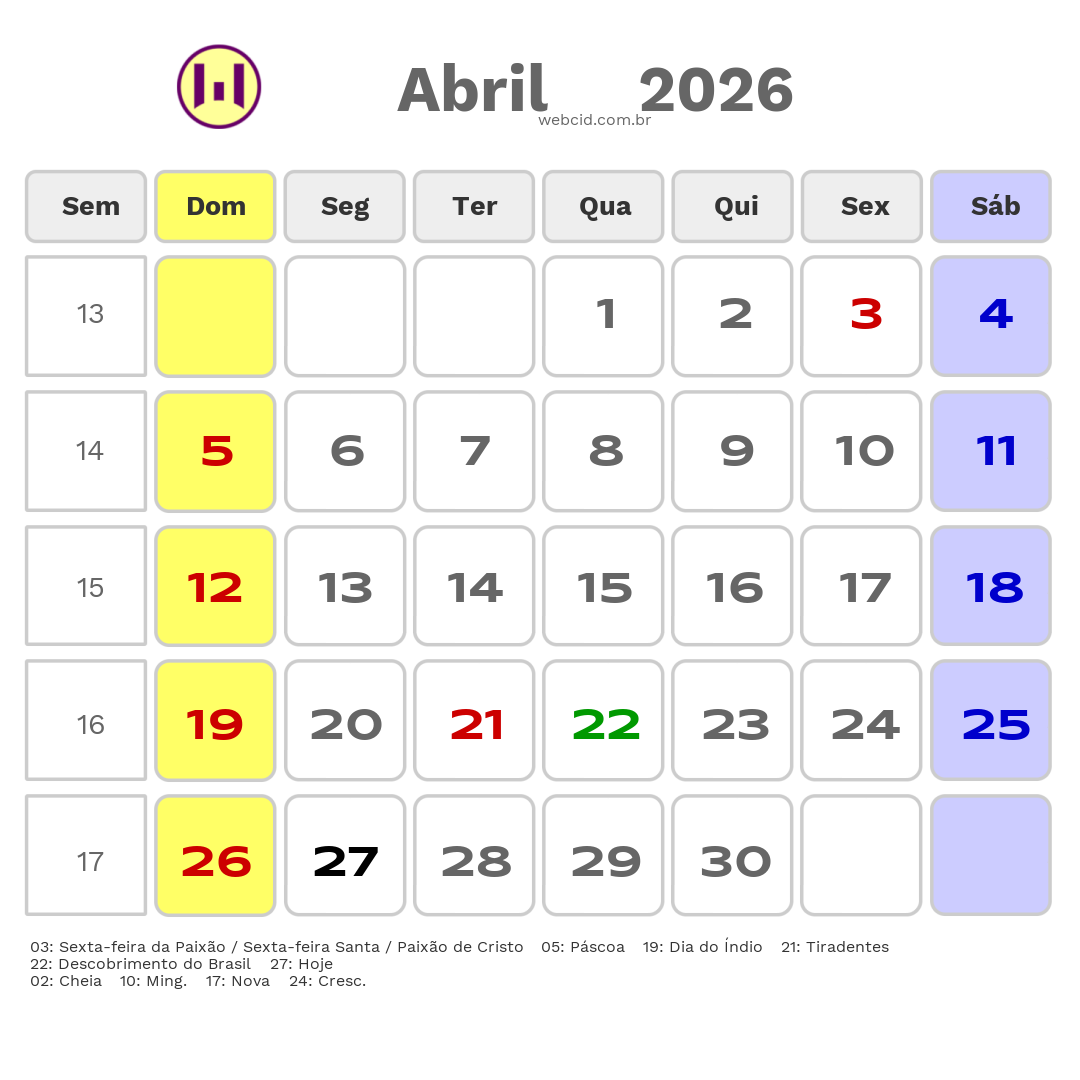 Calendário 2026 - Abril - Araraquara-SP com feriados e fases da lua