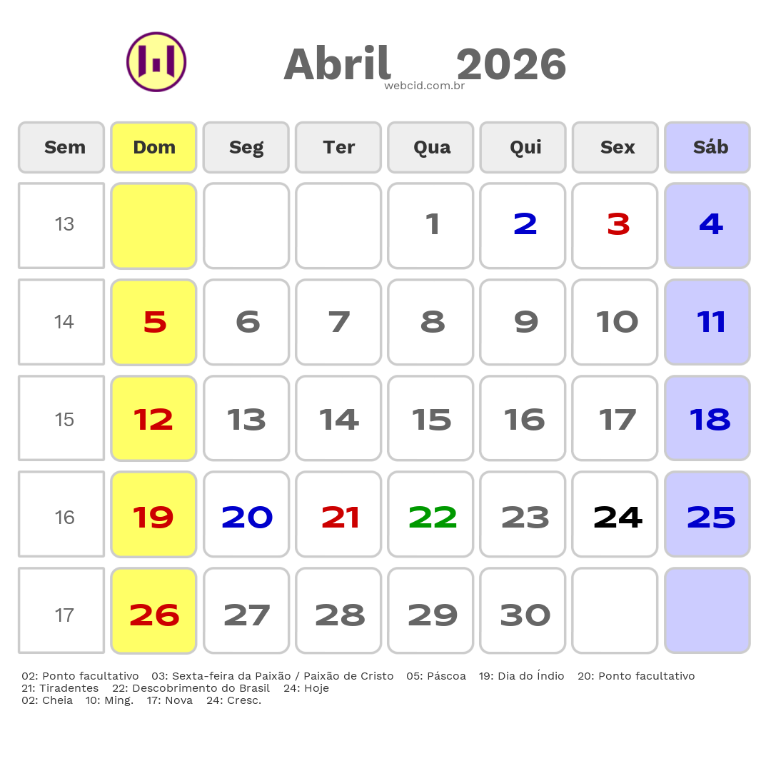 Calendário 2026 - Abril - Batatais-SP com feriados e fases da lua