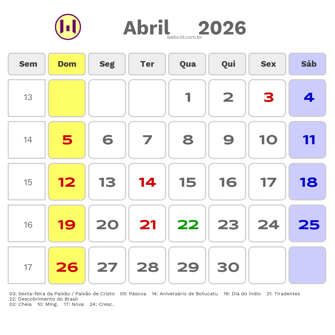 Calendário 2026 - Abril - Botucatu-SP com feriados e fases da lua