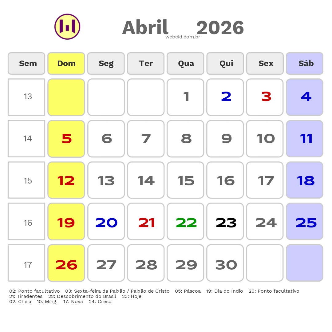 Calendário 2026 - Abril - Cajamar-SP com feriados e fases da lua