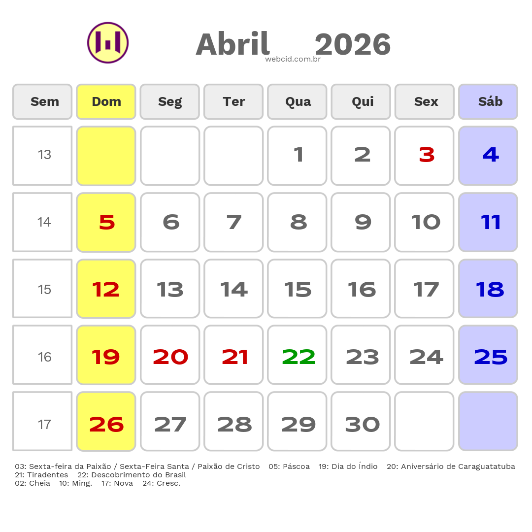 Calendário 2026 - Abril - Caraguatatuba-SP com feriados e fases da lua