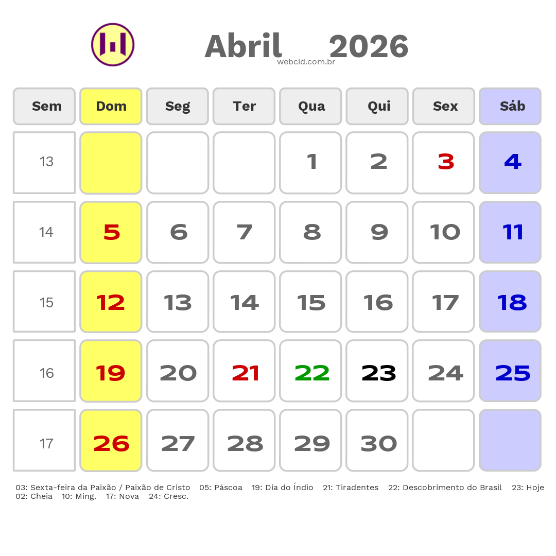 Calendário 2026 - Abril - Guarujá-SP com feriados e fases da lua