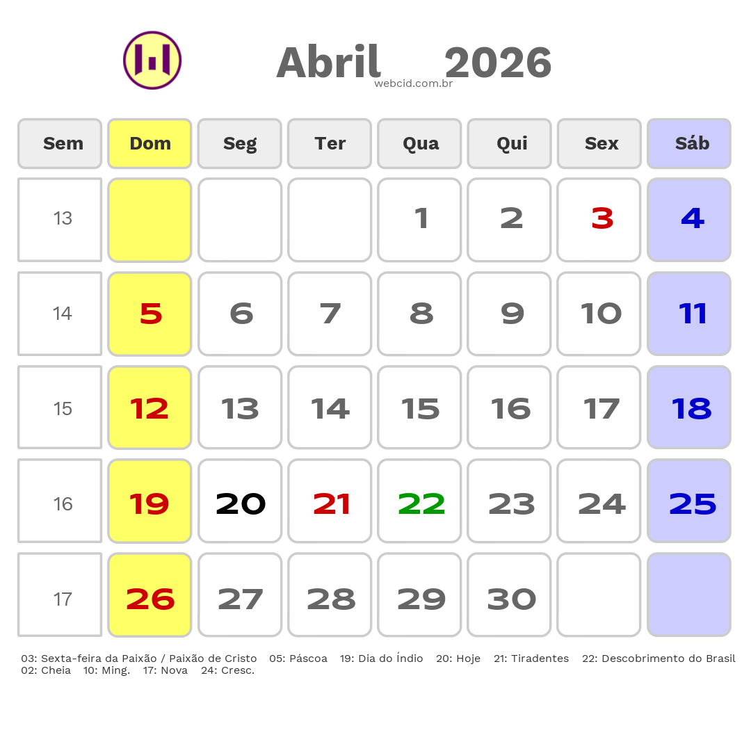 Calendário 2026 - Abril - Osasco-SP com feriados e fases da lua