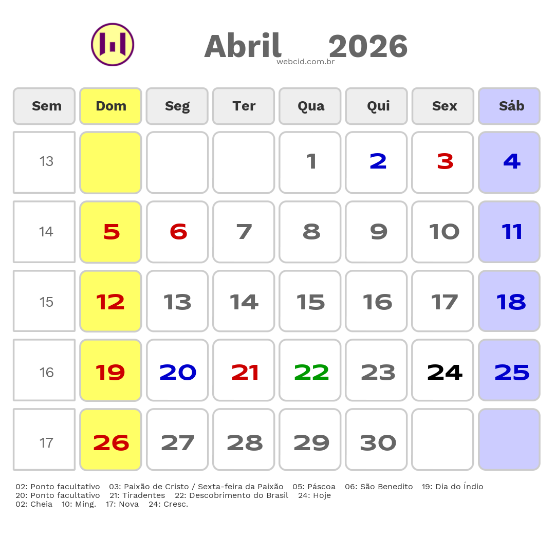 Calendário 2026 - Abril - Taubaté-SP com feriados e fases da lua