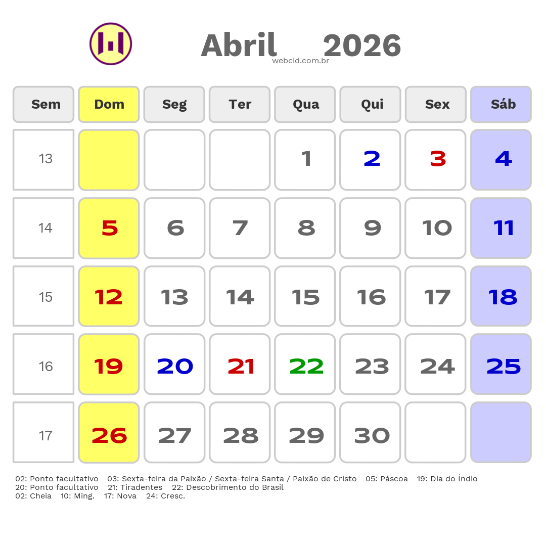 Calendário 2026 - Abril - Valinhos-SP com feriados e fases da lua