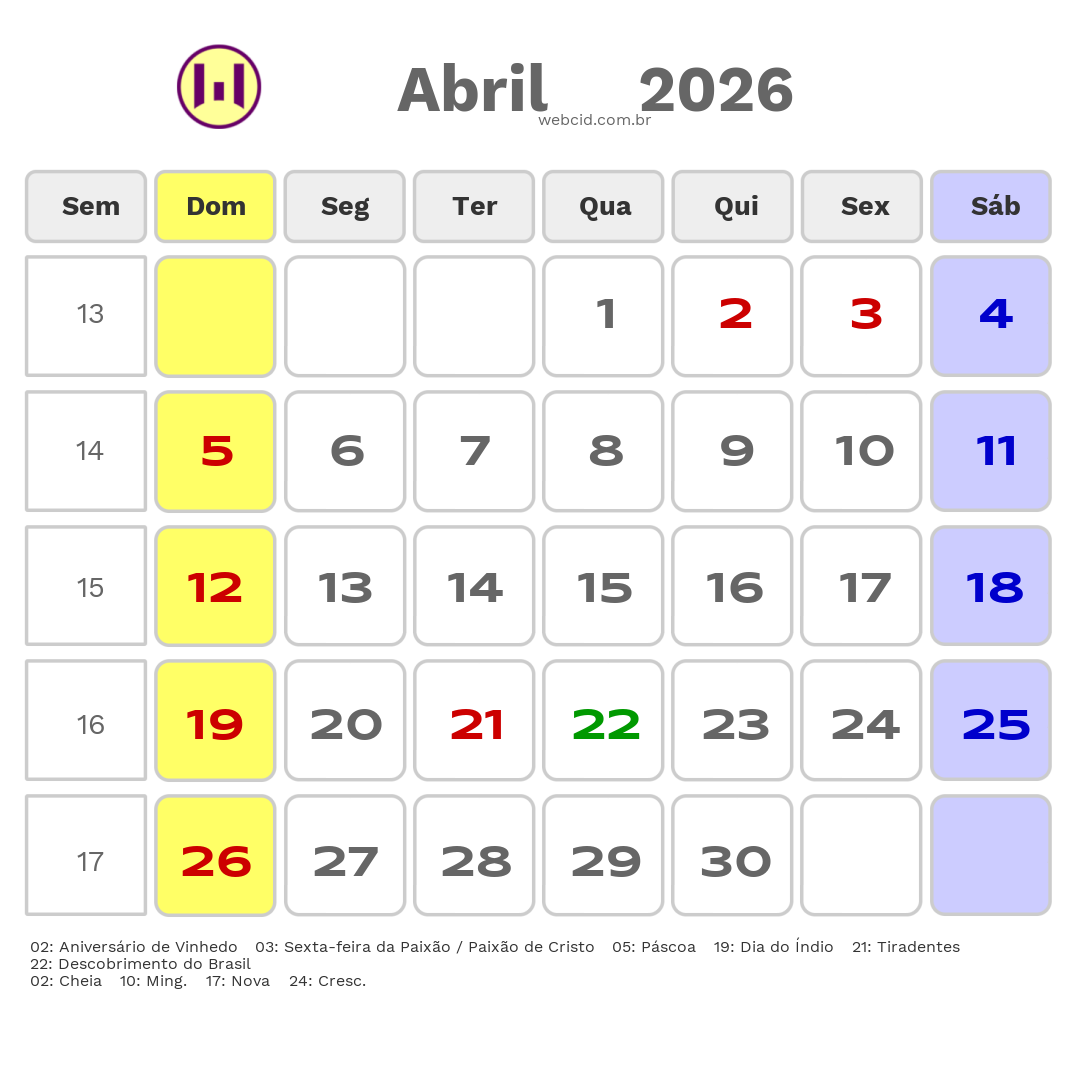 Calendário 2026 - Abril - Vinhedo-SP com feriados e fases da lua