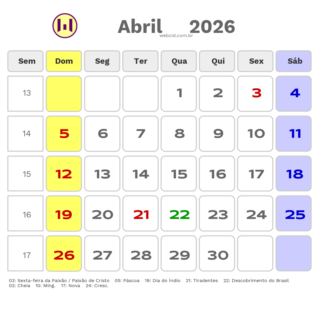 Calendário 2026 - Abril - São Paulo com feriados e fases da lua