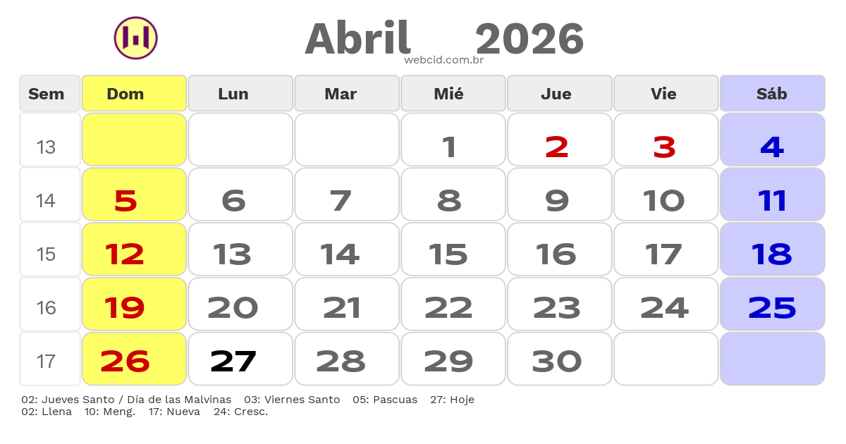 Calendario 2026 - Abril - Argentina com feriados e fases da lua