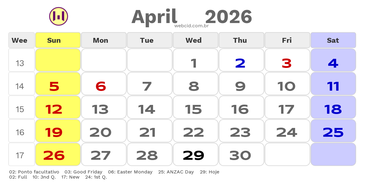 Calendar 2026 - April - Austrália com feriados e fases da lua