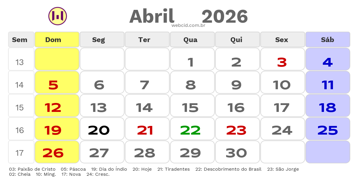 Calendário 2026 - Abril - Ilhéus-BA com feriados e fases da lua
