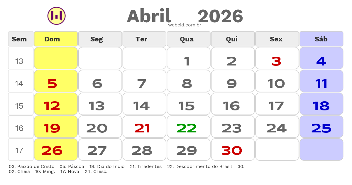 Calendário 2026 - Abril - Nilo Pecanha-BA com feriados e fases da lua