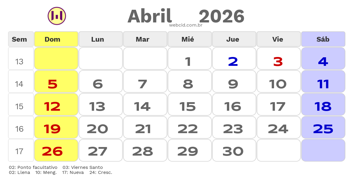 Calendario 2026 - Abril - Bolívia com feriados e fases da lua
