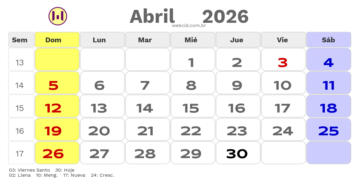 Calendario 2026 - Abril - Chile com feriados e fases da lua