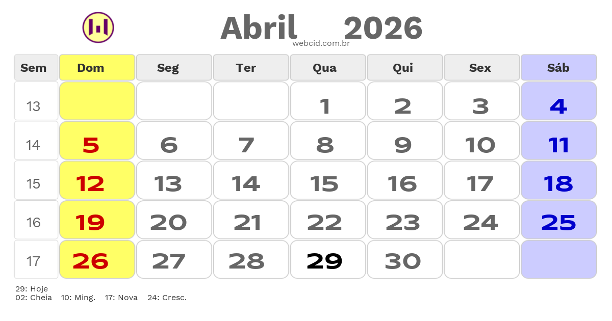 Calendário 2026 - Abril - Copa do Mundo FIFA com feriados e fases da lua