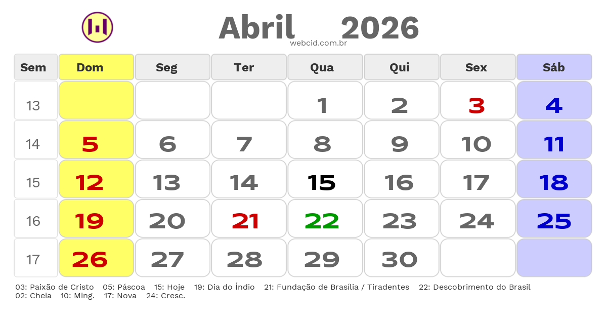 Calendário 2026 - Abril - Distrito Federal com feriados e fases da lua