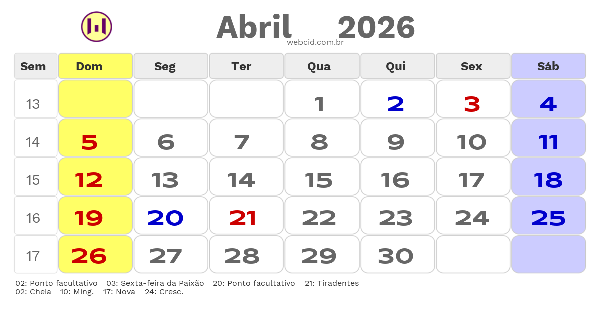 Calendário 2026 - Abril - Feriados Bancários com feriados e fases da lua