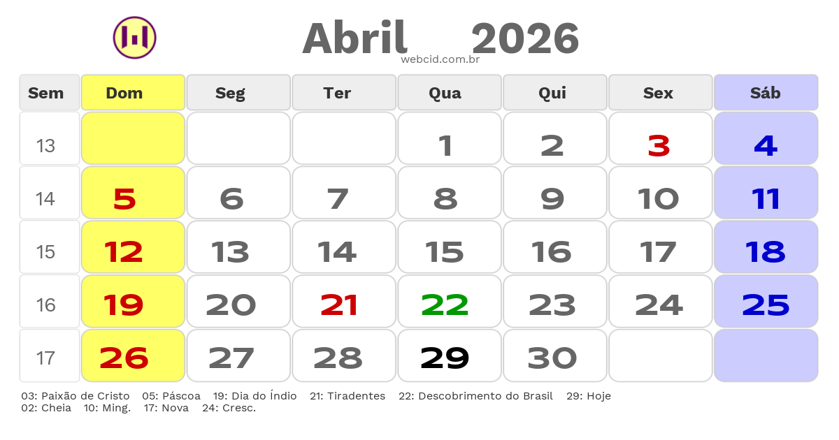 Calendário 2026 - Abril - Cristalina-GO com feriados e fases da lua