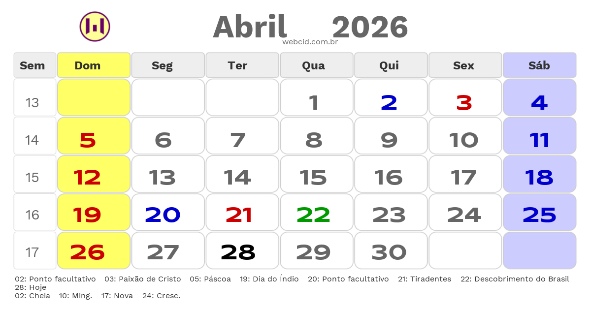Calendário 2026 - Abril - Barra do Garças-MT com feriados e fases da lua