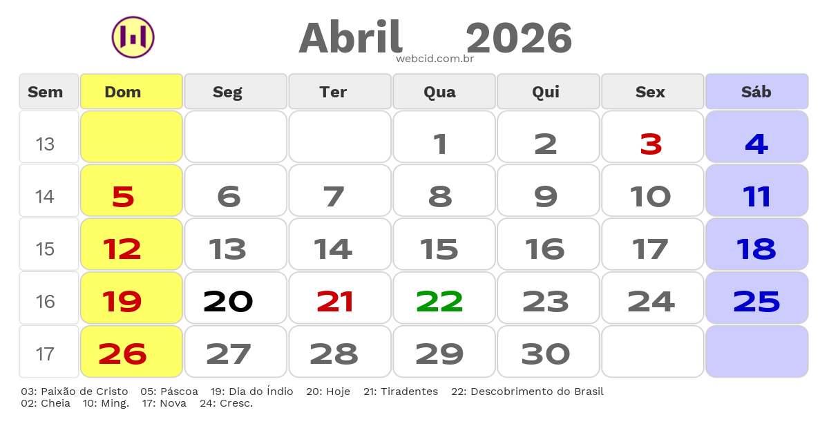 Calendário 2026 - Abril - Rondonópolis-MT com feriados e fases da lua