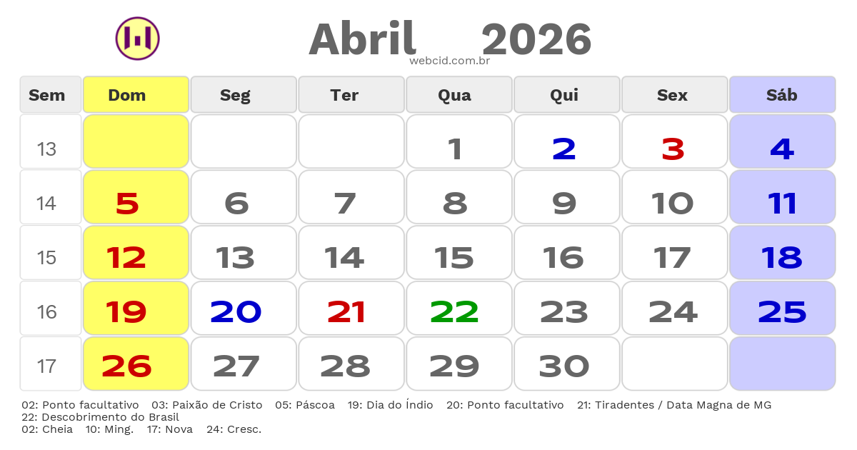 Calendário 2026 - Abril - Araxá-MG com feriados e fases da lua