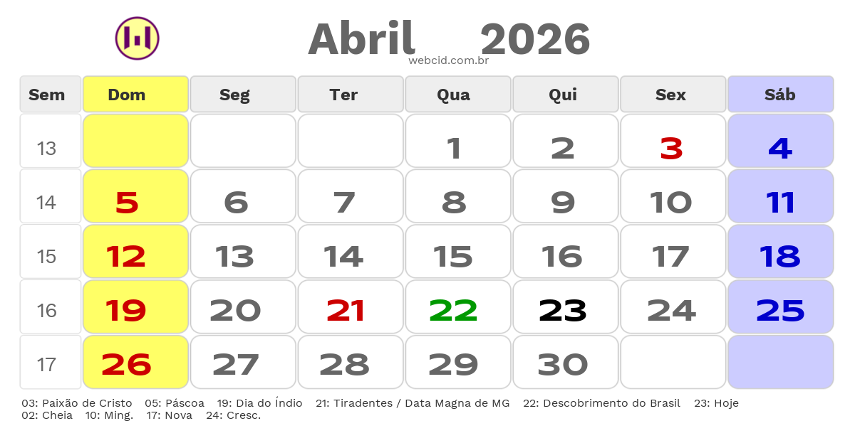 Calendário 2026 - Abril - Estiva-MG com feriados e fases da lua