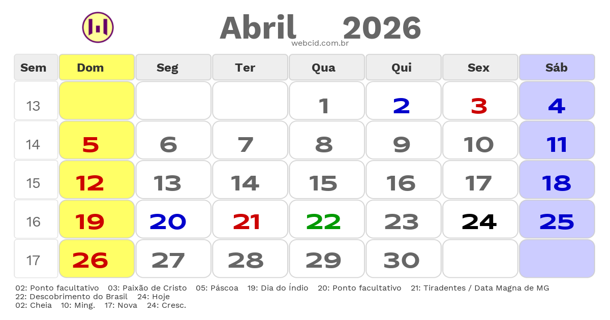 Calendário 2026 - Abril - Juiz de Fora-MG com feriados e fases da lua