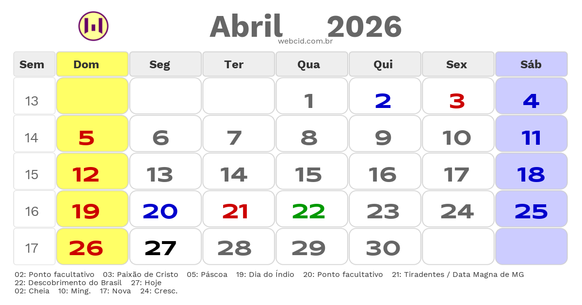 Calendário 2026 - Abril - Varginha-MG com feriados e fases da lua
