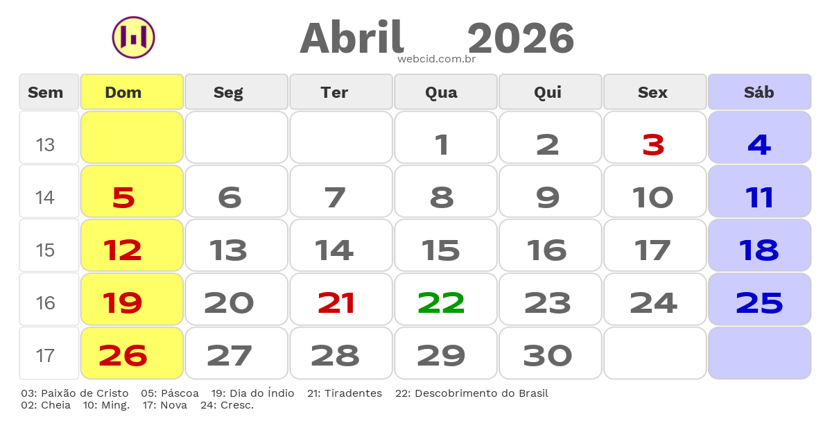 Calendário 2026 - Abril - Jacarau-PB com feriados e fases da lua