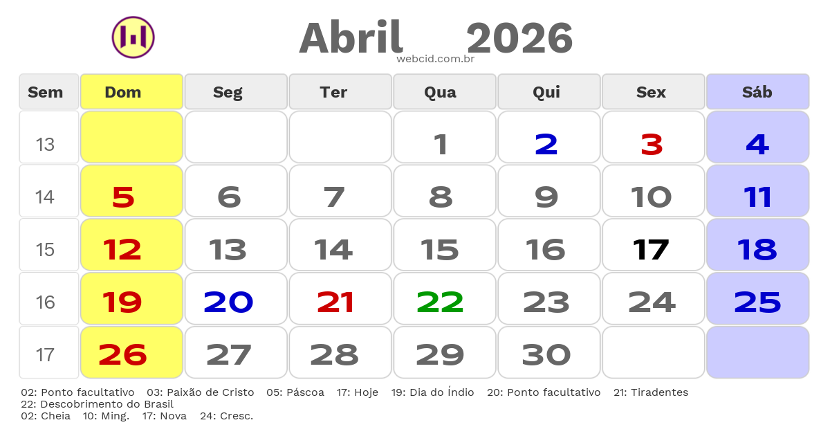 Calendário 2026 - Abril - Paranaguá-PR com feriados e fases da lua