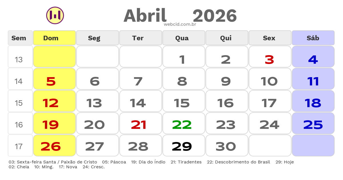 Calendário 2026 - Abril - Santa Cruz do Capibaribe-PE com feriados e fases da lua