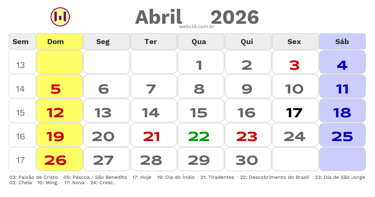 Calendário 2026 - Abril - Angra dos Reis-RJ com feriados e fases da lua