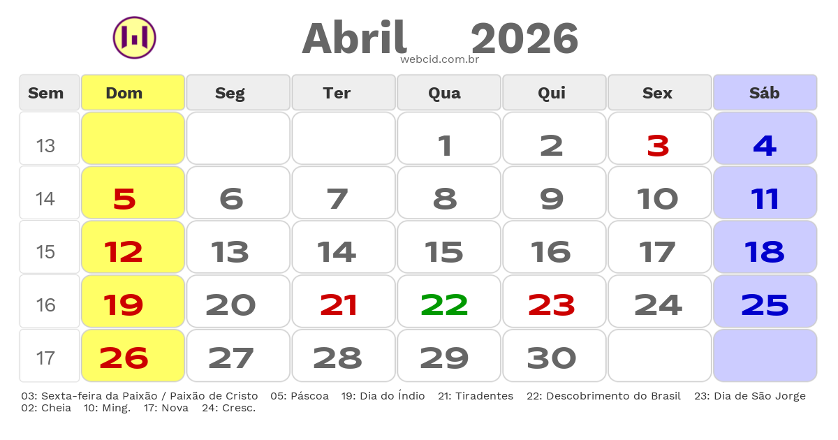 Calendário 2026 - Abril - Campos dos Goytacazes-RJ com feriados e fases da lua