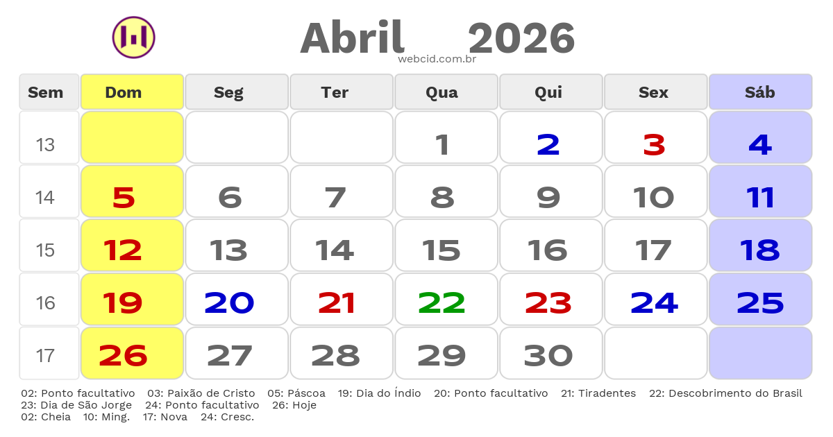 Calendário 2026 - Abril - Itaboraí-RJ com feriados e fases da lua