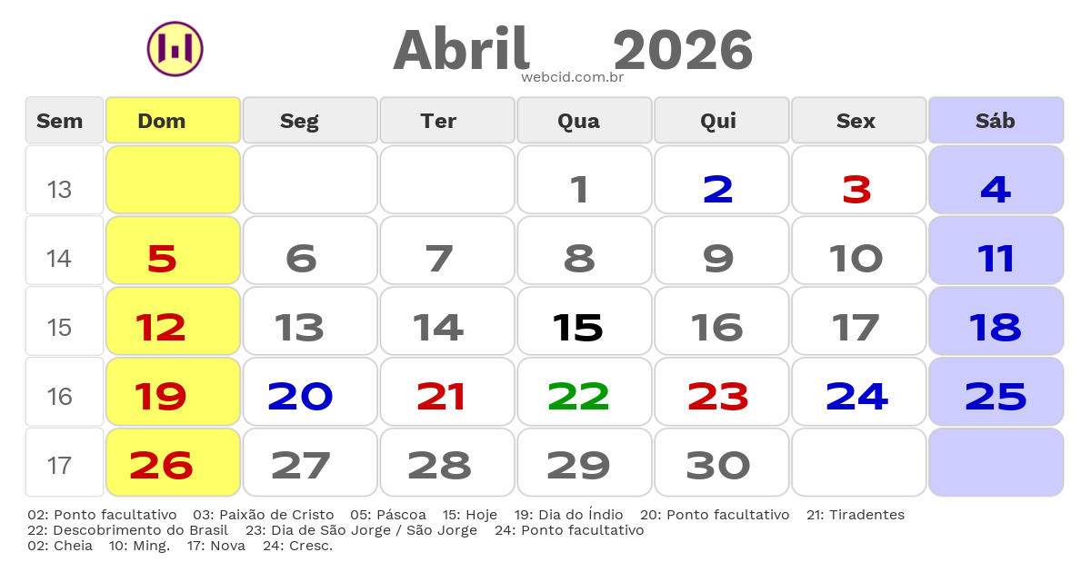 Calendário 2026 - Abril - Maricá-RJ com feriados e fases da lua