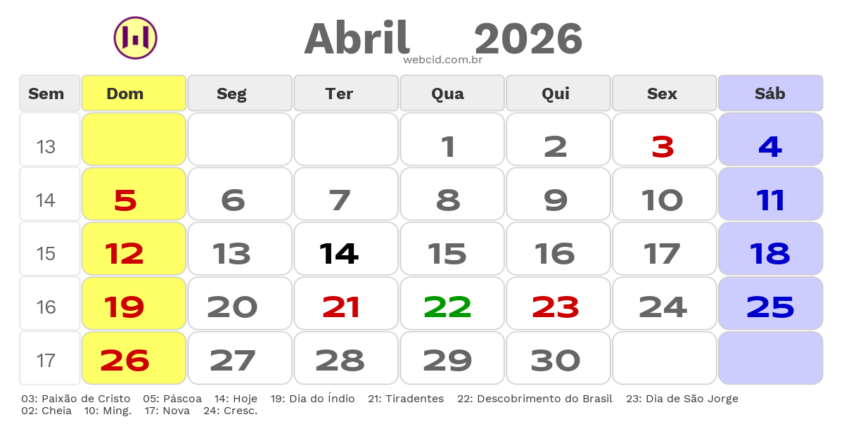 Calendário 2026 - Abril - Rio de Janeiro-RJ com feriados e fases da lua