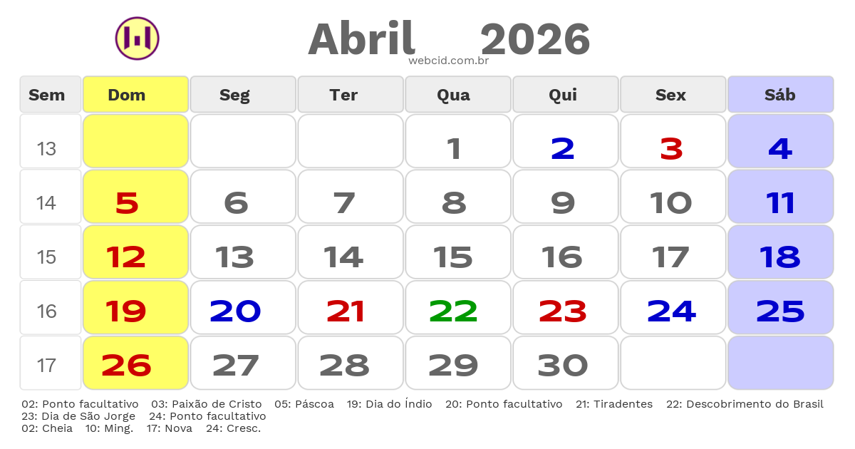 Calendário 2026 - Abril - Teresópolis-RJ com feriados e fases da lua