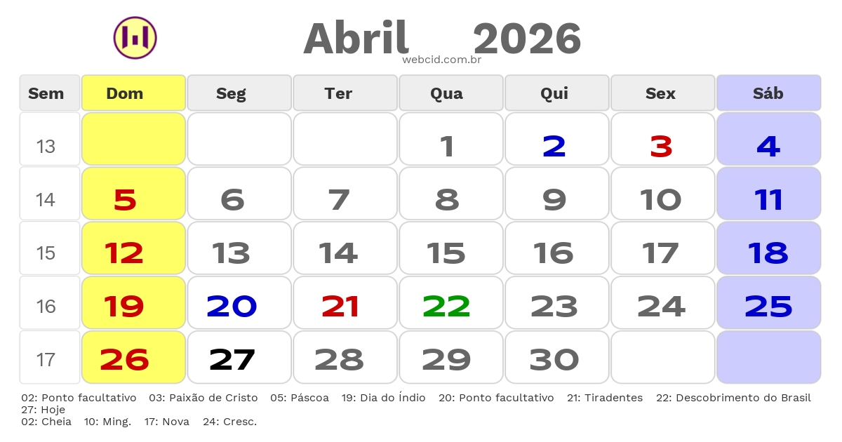 Calendário 2026 - Abril - Canoas-RS com feriados e fases da lua