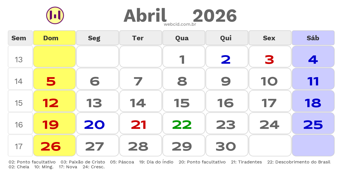 Calendário 2026 - Abril - Caxias do Sul-RS com feriados e fases da lua
