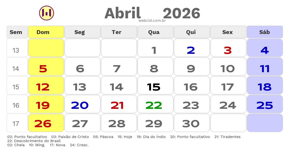 Calendário 2026 - Abril - Julio de Castilhos-RS com feriados e fases da lua