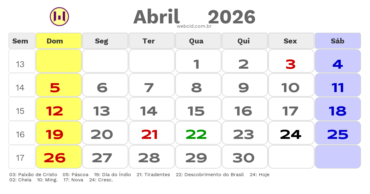 Calendário 2026 - Abril - Itajaí-SC com feriados e fases da lua
