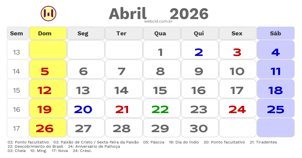 Calendário 2026 - Abril - Palhoça-SC com feriados e fases da lua