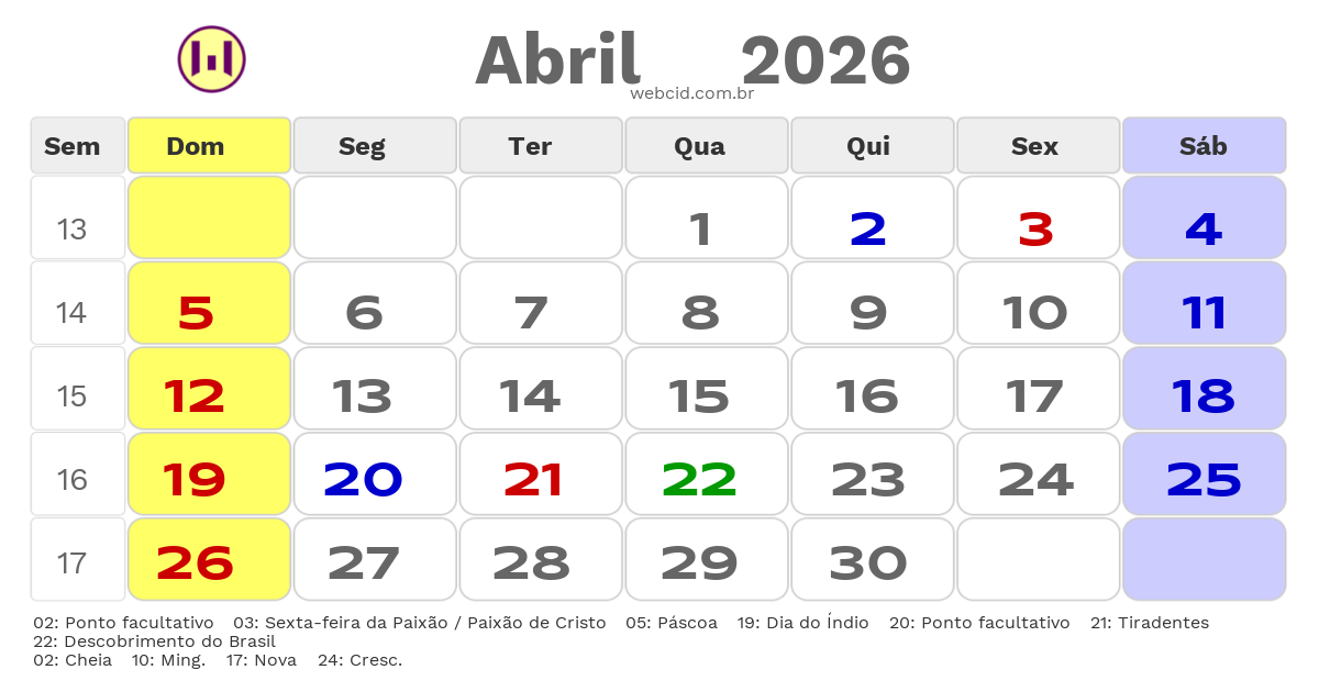 Calendário 2026 - Abril - Arandu-SP com feriados e fases da lua