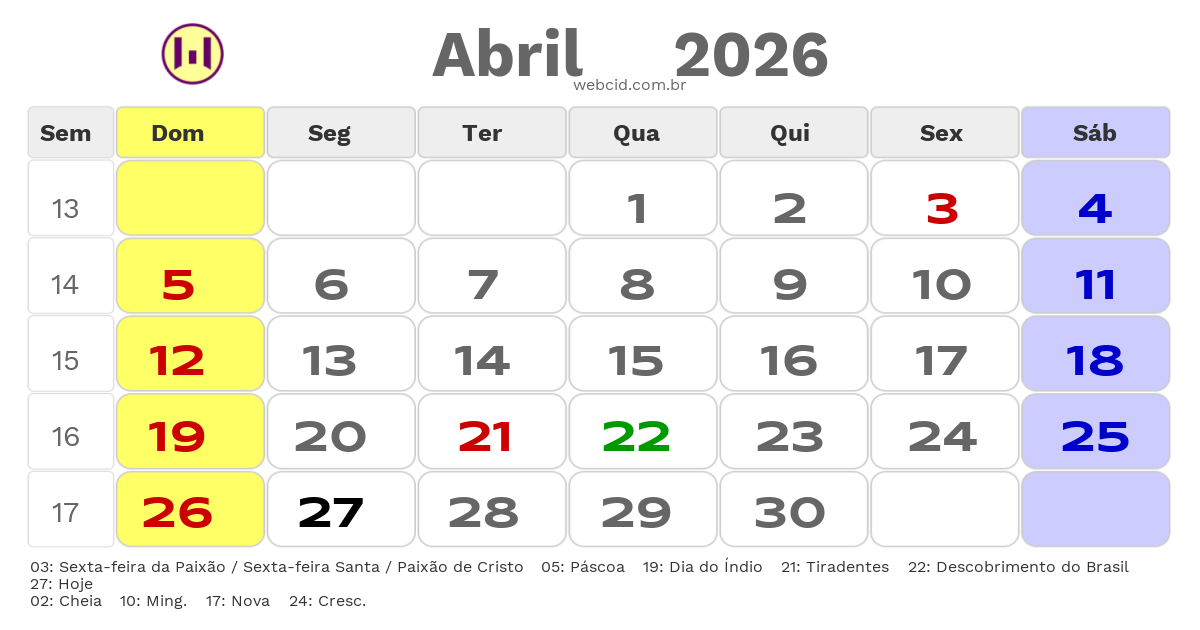 Calendário 2026 - Abril - Araraquara-SP com feriados e fases da lua
