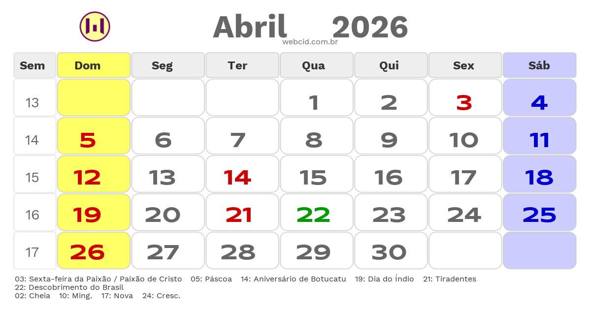 Calendário 2026 - Abril - Botucatu-SP com feriados e fases da lua