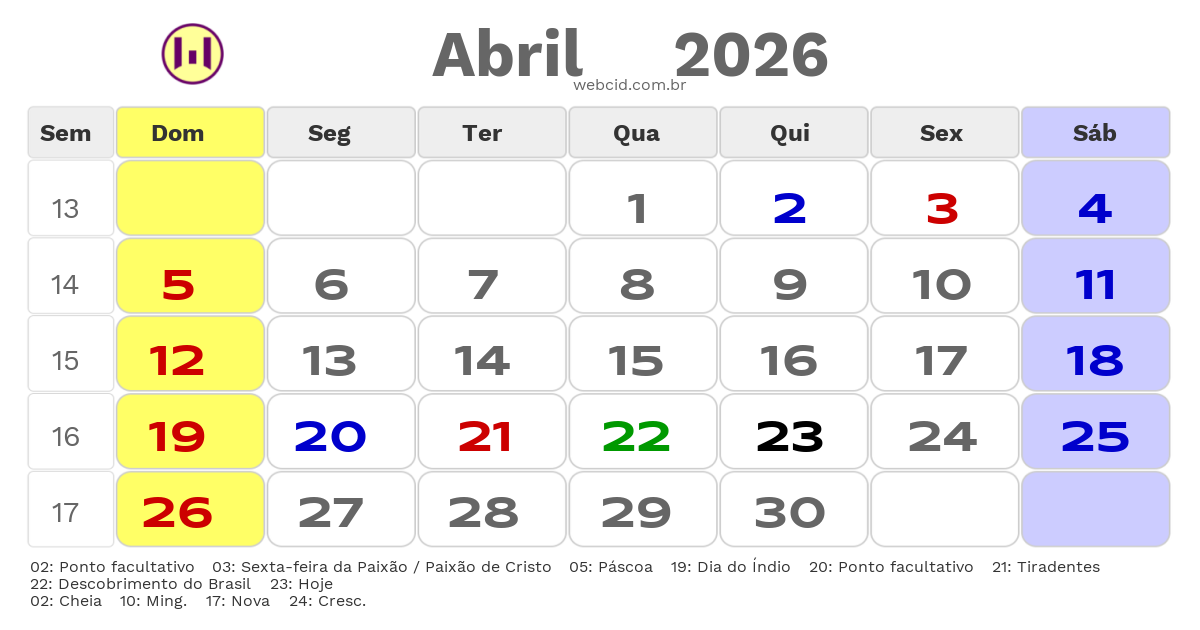 Calendário 2026 - Abril - Cajamar-SP com feriados e fases da lua
