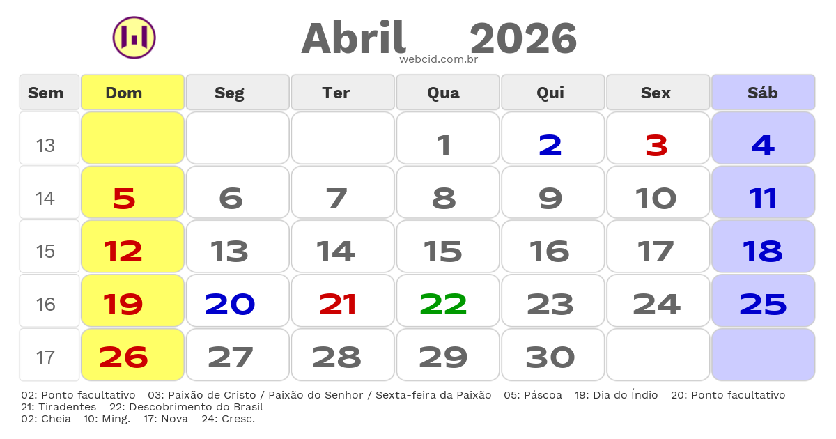 Calendário 2026 - Abril - Jundiaí-SP com feriados e fases da lua