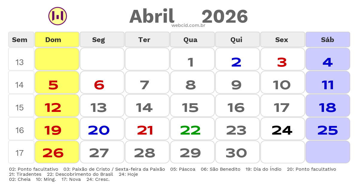 Calendário 2026 - Abril - Taubaté-SP com feriados e fases da lua