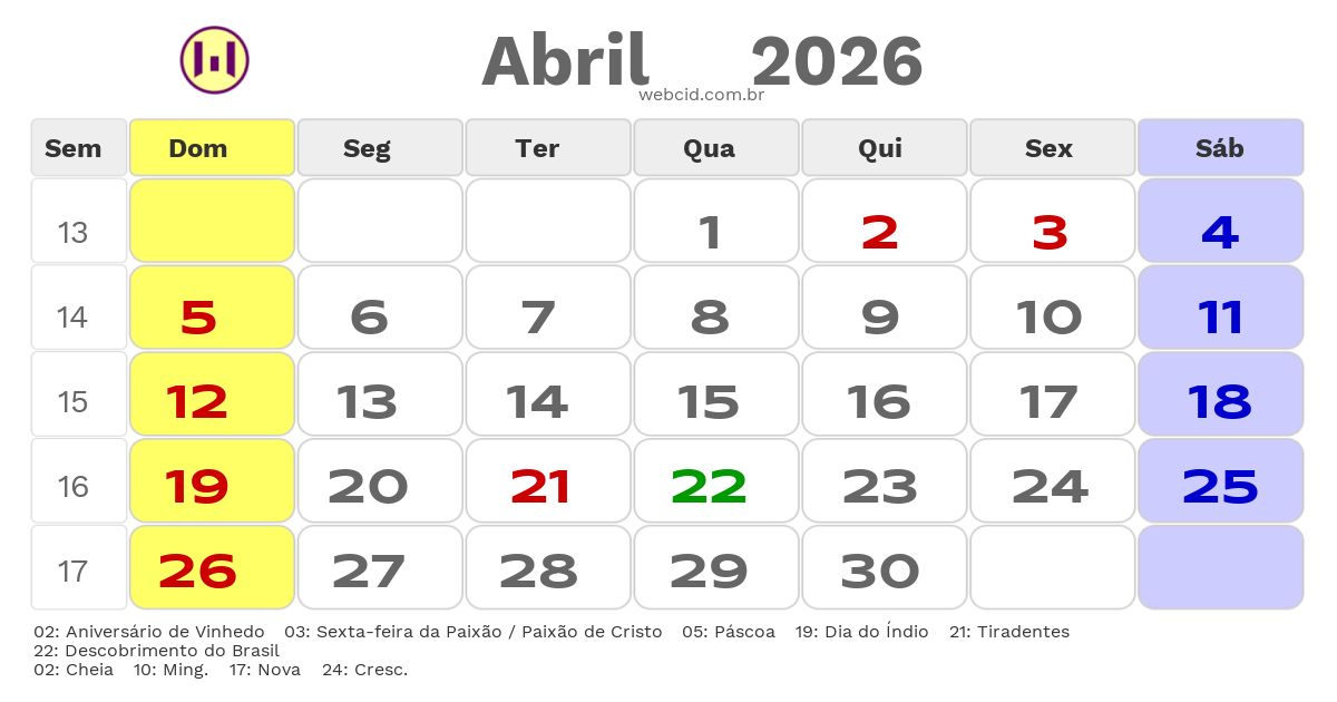 Calendário 2026 - Abril - Vinhedo-SP com feriados e fases da lua